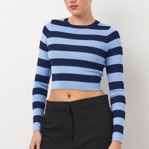 Zara Women S Blue Striped Ribbed Knit Crew Neck Pullover Basic Cropped Sweater